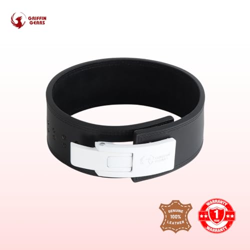 Image of 10mm Lever Belt - Black Leather Weightlifting Belt with White Buckle - Powerlifting Gym Belt for Men & Women - Heavy-Duty (Black Belt White Buckle, L)