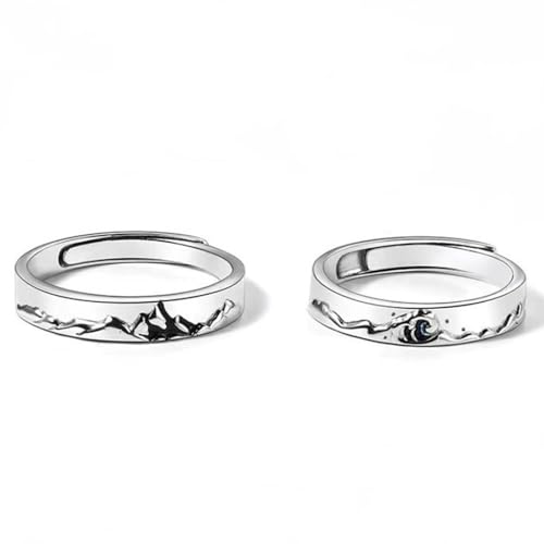 Bague couple ajustable en argent massif motif montagnes et vagues