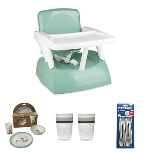 Thermobaby Lot Repas Bébé : Rehausseur Chaise Pliable GUSTO 2en1 + Coffret Vaisselle Micro-ondes + 10 Boîtes Conservation 250ml + 4 Cuillères