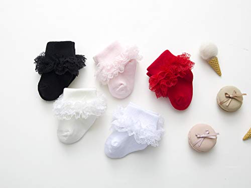 Image of Epeius Baby-Girls Eyelet Turn Cuff Ruffle Lace Socks Triple Lace Dressy Socks Newborn /Infants /Toddlers 3 /5 Pairs