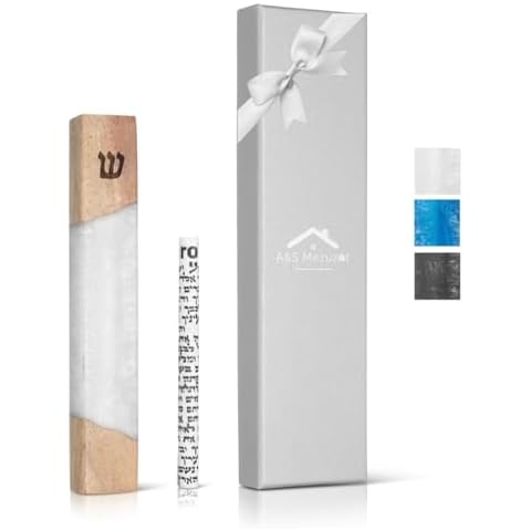 A&S Mezuzot Mezuzah Case for Door, Handcrafted Resin and Oak Wood mezzuza with scroll, Weatherproof Easy Peel and Stick Installation For Home Blessing And Protection (White, 7 Inches) Cover