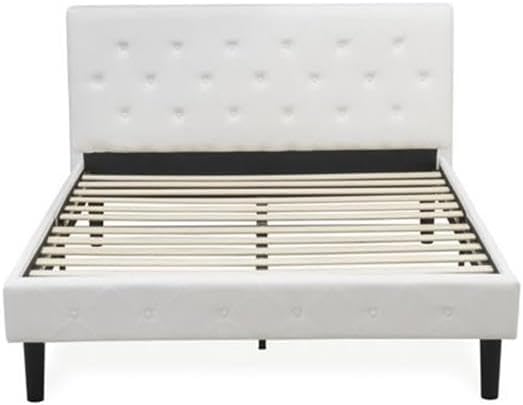 East West Furniture NL19Q-2DE05 3 Piece Bedroom Set - Queen Button Tufted Bed - Linen white Velvet Fabric and Upholstered Headboard and a Linen white Finish Nightstand