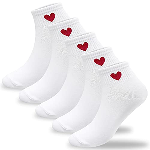 CUTIE MANGO Women s Casual Cute Red Heart Sneaker Ankle Quarter Socks 5 Colors   3 to 10 Pairs (5 Pairs_white)