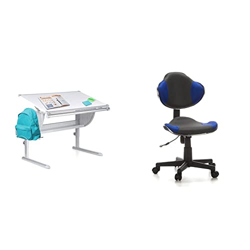 hjh OFFICE Belia Schreibtisch, Weiss/Silber + Kinderdrehstuhl Bürostuhl KIDDY GTI-2 grau blau