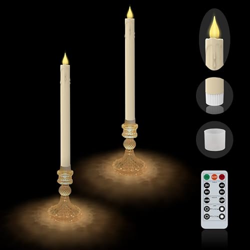 MISSTIME Flameless LED Taper Candles Wish Illuminated Holder - Glass Candle Holder, Remote Timer 2AA Battery Operated 500+ Hours for Thanksgiving/Xmas Decor, Wedding Centerpiece (Ivory, 2 Pack)