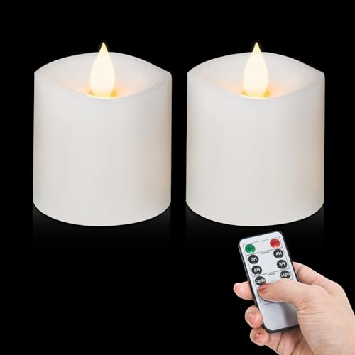 Image of 3x3 Flameless Candles Battery Operated with Remote Timer, Last 600 Hours Battery Candles Flickering, White Real Wax Electric LED Candle for Wedding Party, Set of 2