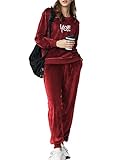 Ekouaer Womens Velour Long Sleeve Sweatsuits Pullover Sports Set Velvet Tracksuit for Womens with Pockets Wine Red XXL