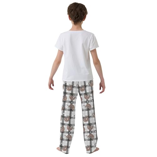 Sloth Plaid Print Boys Long Pants Soft Trousers Elastic Waist Kids Lounge Bottoms with Pockets S-XL3