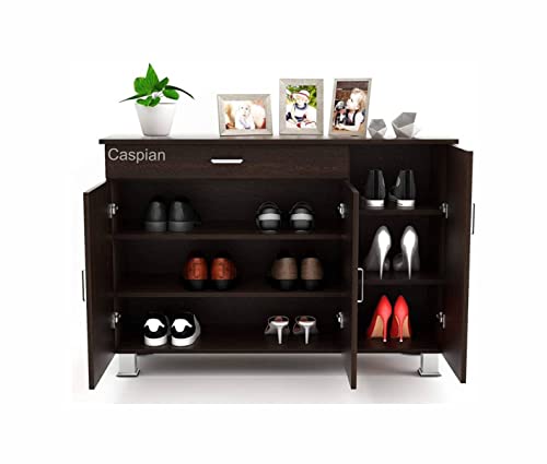 Image of CASPIAN 3 Door Shoe Rack Cum Cabinet (Brown) | Engineered Wood Pre Assembled Furniture | Storage Organizer for Indoor /Outdoor Use | 6 Shelves, 1 Drawer | Wooden Shoe Racks for Home