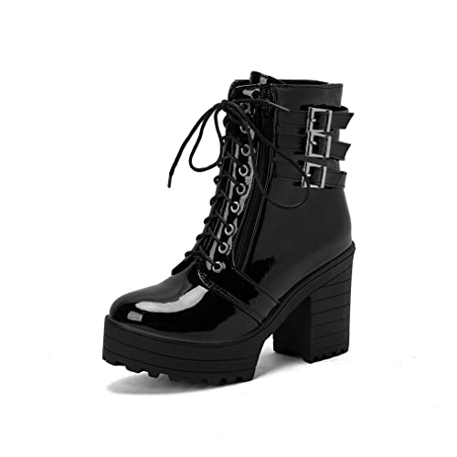 MFairy Womens Fashion Platform Chunky Heel Patent Leather Boots Buckled Ankle High Booties