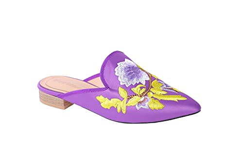 Image of Fericzot Women's Velvet Backless Pointed Toe Slip On Loafers Flats Embroidery Mule Slippers Shoes