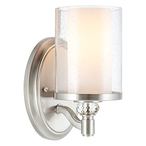 Kira Home Victoria 10" Transitional Wall Sconce, Frosted Glass Inner Shade + Clear Seeded Glass Outer Shade, Brushed Nickel Finish #TOP20