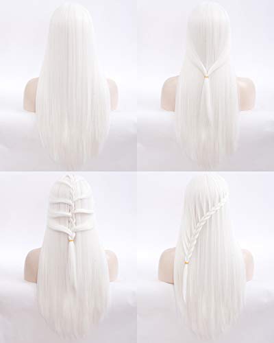 Netgo White Wig With Bangs, Long Straight White Wig For Women, 27 Inch Heat Resistant Synthetic Womens Hair Wigs For Cosplay Party Halloween #TOP5
