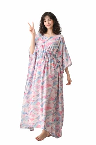 Image of Ichaa Women's Pink Rayon Printed Round-Neck Kaftan-Style Free Size Nighty with Drawstring