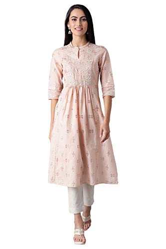 Image of W for Woman Women's Cotton Relaxed Fit Anarkali Mandarin Neck Gathered Kurta