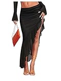 Verdusa Women's Asymmetrical High Slit Mesh Long Skirts Ruffle Hem Ruched Flowy Bodycon Skirt Black Small
