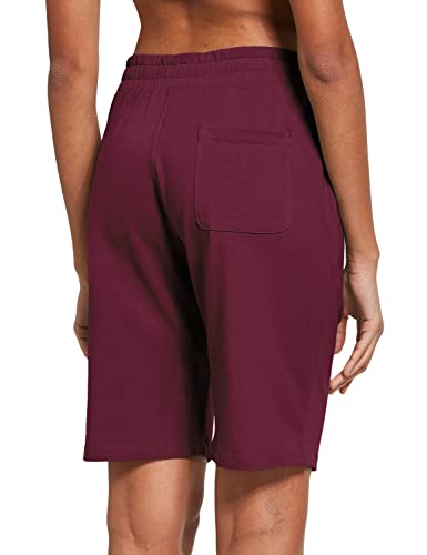 Baleaf Women's 10" Bermuda Shorts Long Cotton Casual Summer Knee Length Pull On Lounge Walking Exercise Shorts With Pockets Burgundy Size L #TOP1