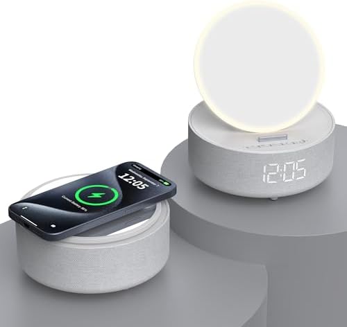 Bluetooth Speaker with LED Light Makeup Mirror, Wireless Charging Station for iPhone/Samsung, Stylish Multifunctional Automatic Clock Bedside Lamp Ideal for Home, Bedroom, Office & Gift