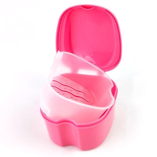 1 estojo para dentadura dentária, protetor bucal dentário, limpeza de caixa de banho com escova, cesto de filtro e tampa à prova d'água - rosa