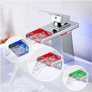 Robinet Lavabo Cascade en Acier Inox,Mitigeur Lavabo Salle de Bain avec 3 Coloris LED,Robinetterie Elégante et Design Rétro Robinet de Levier Monotrou Vasque Eau Chaud Froid Durable (06)