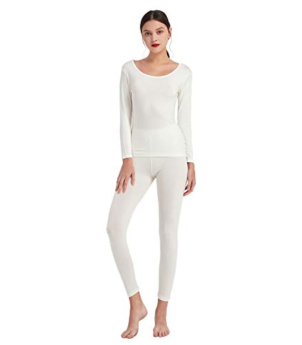 Mcilia Conjunto para Mujer de Ropa Interior Térmica Modal Ultradelgada con Cuello Redondo Bajo Marfil Blanco Small (EU 34 36 38)