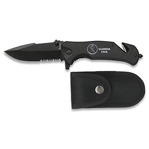 Navaja con Grabado Emblema Guardia Civil Negra Seguridad Hoja 8,3 cm para Caza, Pesca, Camping, Outdoor, Supervivencia y Bushcraft Albainox 19800GR257 + Llavero Mosquetón de Regalo