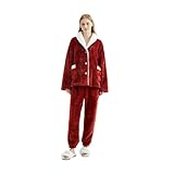 [Diki Home] ルームウェア 冬 ふわふわ レディース パジャマ もこもこ 厚手 裏起毛 ベア 暖かい 長袖 優しい肌触り 部屋着 秋 冬用 バレンタインデーのプレゼント 記念日 結婚祝い ギフト セット プレゼント 友達 おしゃれ (JP, アルファベット, XL, 赤)