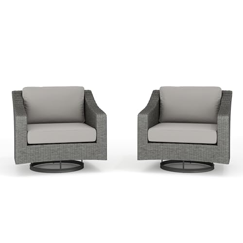 Martha Stewart Bedford Set of 2 Indoor-Outdoor Patio Chairs with 360° Swivel Functionality and Rattan Wicker Finish in Gray with Gray All-Weather Cushions