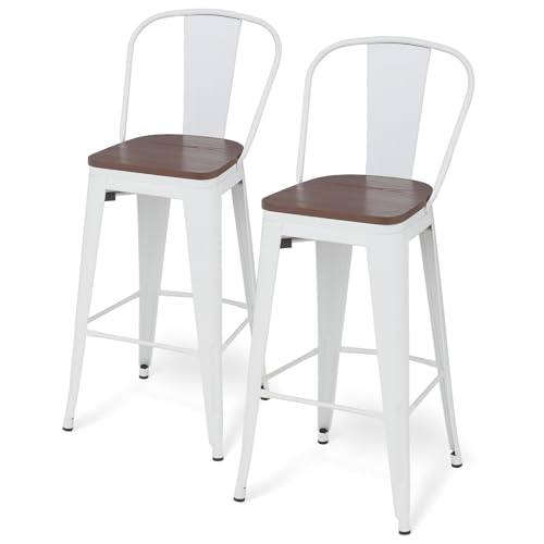 Athena Collection Juego de 2 taburetes de bar con respaldo alto de 30.5 pulgadas, sillas altas de mostrador, asiento de madera, taburetes de bar apilables con reposapiés para pub, bistró, cocina,