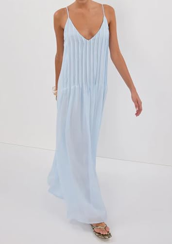 Image of Anoumcy Summer Pleated Maxi Dresses for Women 2026 Spaghetti Strap V Neck Vacation Beach Long Flowy Boho Sundress