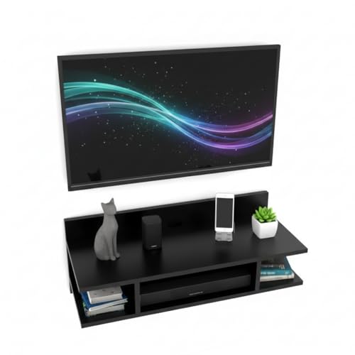 Image of Engineered Wood Set Top Box Stand | Wall Mounted TV Unit Shelf for Router, WiFi, DVD, Gaming Console | Sturdy & Space Saving TV Accessory Organizer (Brown, 50 x 20 x 15 cm) (Black)