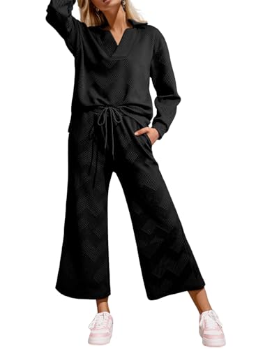 SHEWIN 2 Piece Sets for Women Collared V Neck Long Sleeve Polo Shirts Tops Lounge Set Tracksuits Sweatsuits