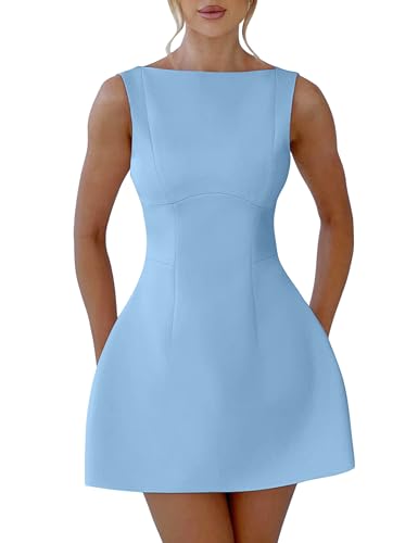 Image of YMDUCH Women's Sexy Sleeveless Crew Neck Backless A-line Party Short Mini Dress