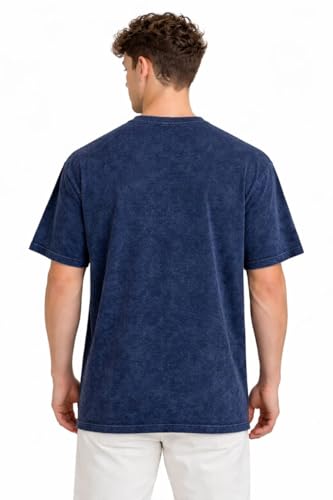 Image of VEL Plain 240 GSM Heavy Cotton Acid wash Oversized Tshirt Men Drop Shoulder Half Sleeves Round Neck Solid Cotton T-Shirts for Men