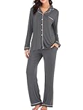  Onsoyours Ensembles de Pyjama Femme 2 Pcs Vêtements de Nuit Boutonné à Manches Longues Doux Ensemble Pyjama Femme Vêtement Nuit Femme avec Poches A Gris M