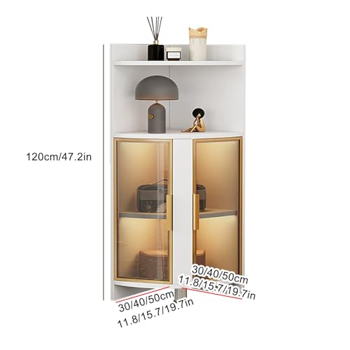 Elegante armadietto ad angolo alto con ante in vetro e ripiani a LED, salvaspazio, per bagno, cucina, soggiorno e camera da letto, design moderno e versatile