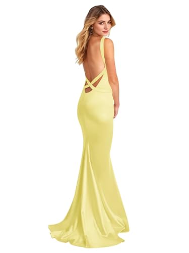 SoDigne Mermaid Satin Bridesmaid Dresses for Women Backless Long Prom Dress Spaghetti Straps Formal Evening Gown