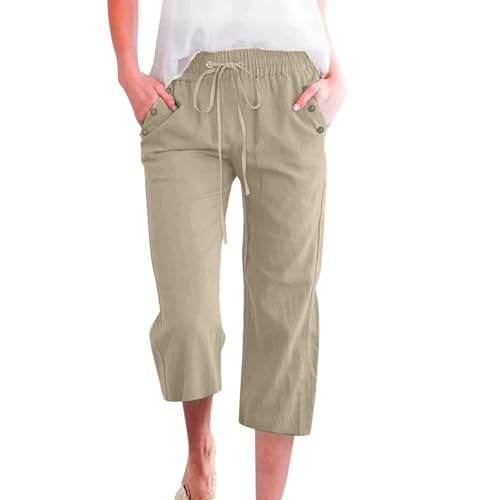 Pantalon lin 7/8 léger coupe ample uni vêtement décontracté