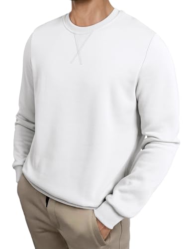Image of Meilicloth Mens Sweatshirts Fleece Pullover Crewneck Soild Color Basic Cotton Jumper Long Sleeve Top White