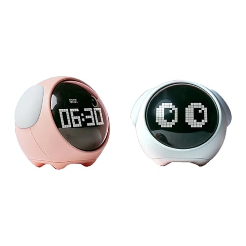 新しいナイトライト、かわいい表情の目覚まし時計、子供用目覚まし時計、音声制御ライト、家庭用温度計用多機能(Pink)