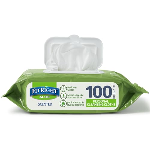 Medline FitRight Aloe Personal Wipes, 8 x 10 Inches, Scented, Soft Pack with Flip Top Lid, Pack of 100