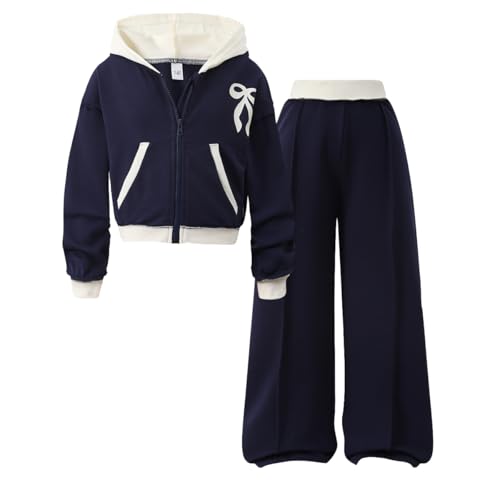 Image of Yoxindax Girls' 2-Piece Clothes Bow Print Zip-Up Hoodie Contrast-Color Wide-Leg Pants Winter 7-14Y Outfits Set