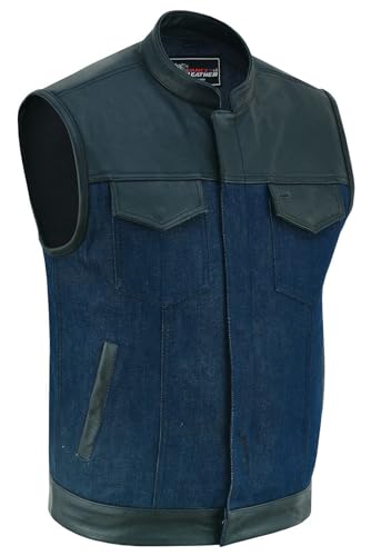 Mens Blue Motorcycle Denim Vest SOA Club Vest with Leather trims(Denim Blue, X-Large)