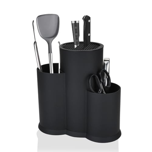 LIUCONGBD 3 in 1 Knife Block Without Knives, Universal Round Knife Utensil Holder with Slots, Black Space Saving Knife Storage Suitable for All Kitchen Accessories on The Countertop