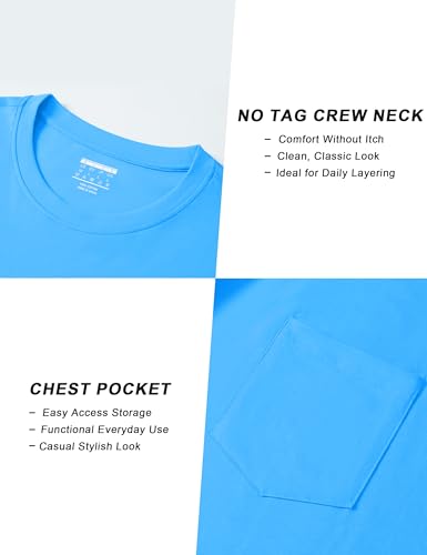 Cotrasen Long Sleeve Shirts for Men Cotton Crew Neck Pocket T Shirts for Men Breathable Moisture Wicking Tee Shirts Azure L
