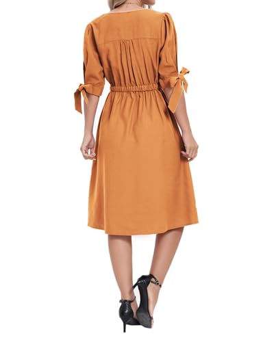 Image of Women Linen Rayon Blend Midi V Neck Button Front Elastic Waist Puff Sleeve Tie Casual Summer Dress