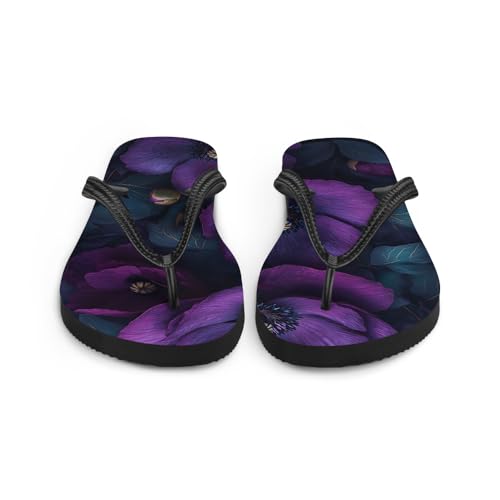 Gothic Purple Floral Flip-Flops, Dark Aesthetic Sandals, Vintage Grunge Flower Print Beach Shoes, Casual Summer Slides4