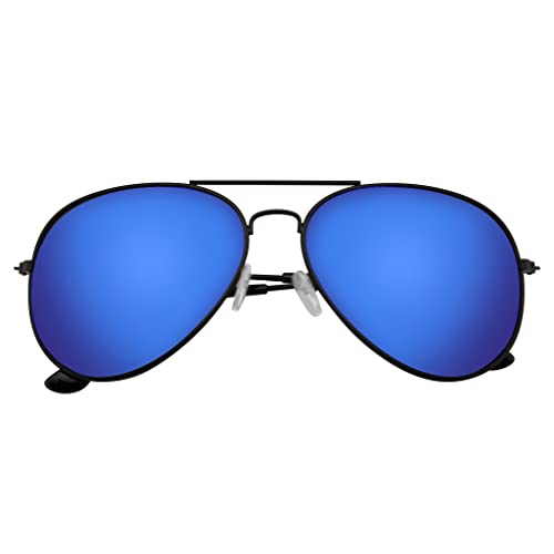 Emblem Eyewear - Womens Mens Unisex Polarized Aviator Pilot Sunglasses Retro Sun Glasses 100% UV Blocking (Mirrored Lenses | Black Blue, 57mm Nose Bridge: 13mm Lens Height: 50mm Total Width: 142mm)