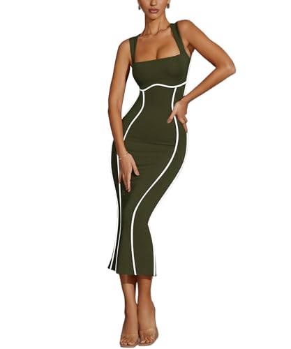 Image of MAYFASEY Women's Summer Sleeveless Square Neck Contrast Binding Cocktail Party Bodycon Midi Dress Back Slit Maxi Dress