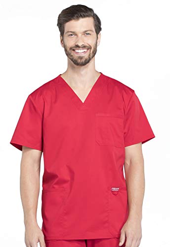 Cherokee Scrub top for Men V-Neck with 3 Pockets, Knit Details, Soft, Durable, Breathable, 2-Way Stretch Fabric - WW670, M, Red